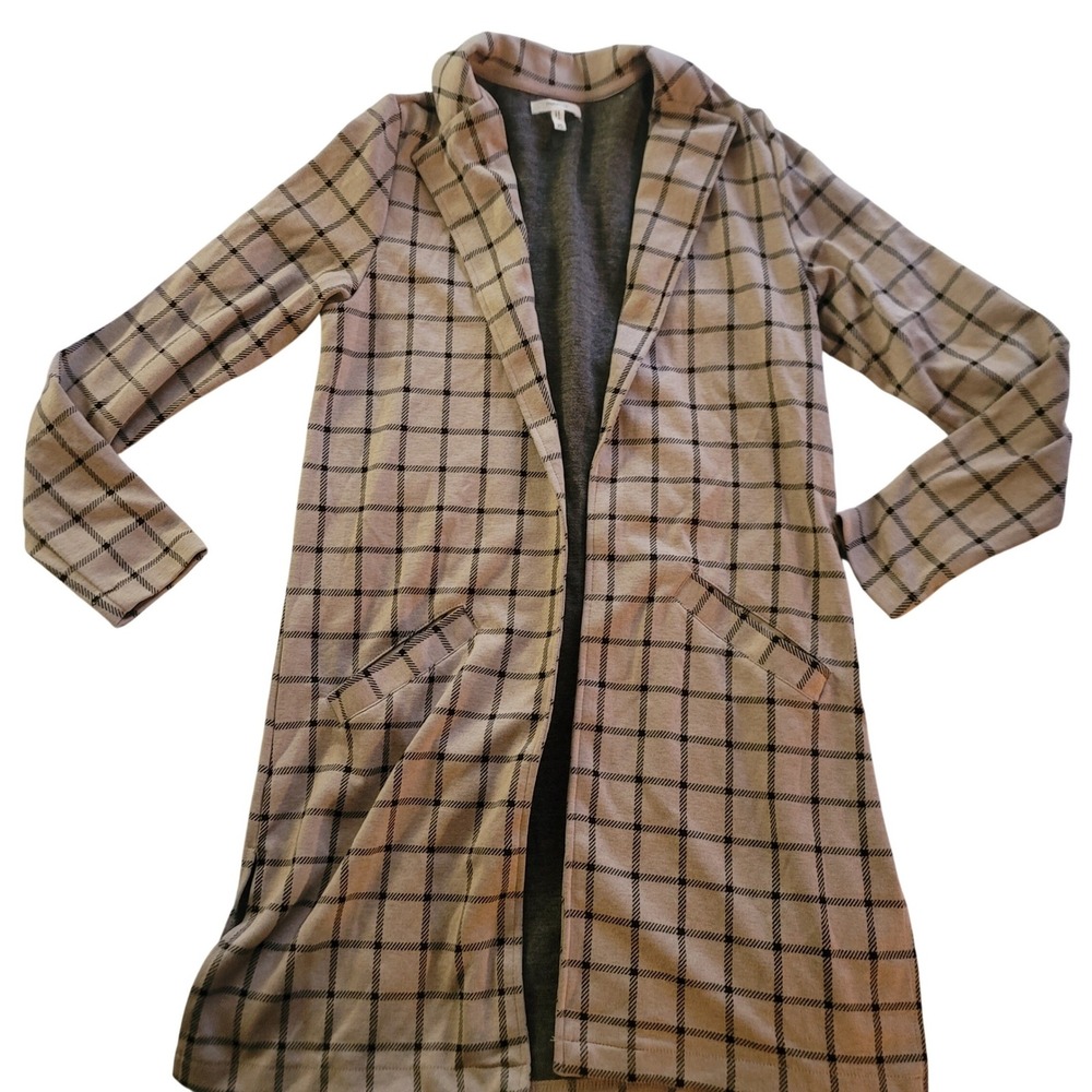 Maurices Plaid Open Front Cardigan Long Sleeve Beige Black Womens XS‎